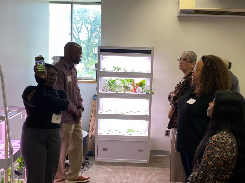 small group of people looking at hydroponic system with vegetables growing