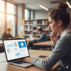 female student looking at computer chatbot