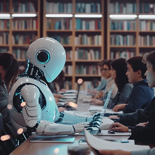AI robot in library with students