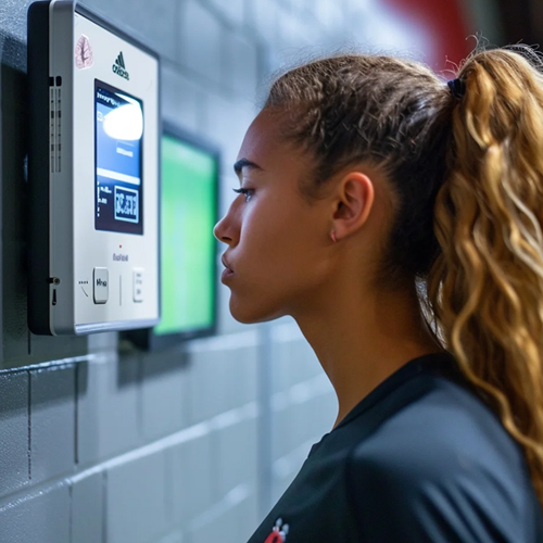 student blowing breath on an AI breath analyzer
