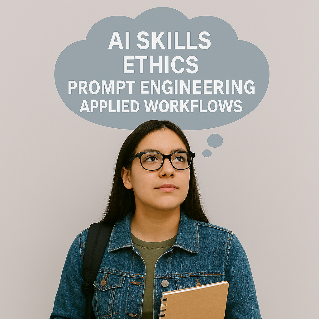 student with though-bubble above her head that reads AI skills, ethics, prompt engineering and applied workflow