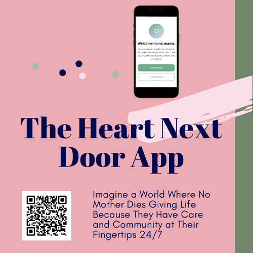 illustration of a mobile app and QR code to the heart next door app