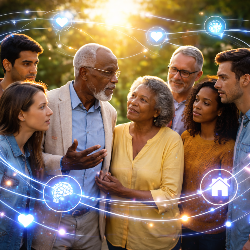 a group of people gathered around an older couple