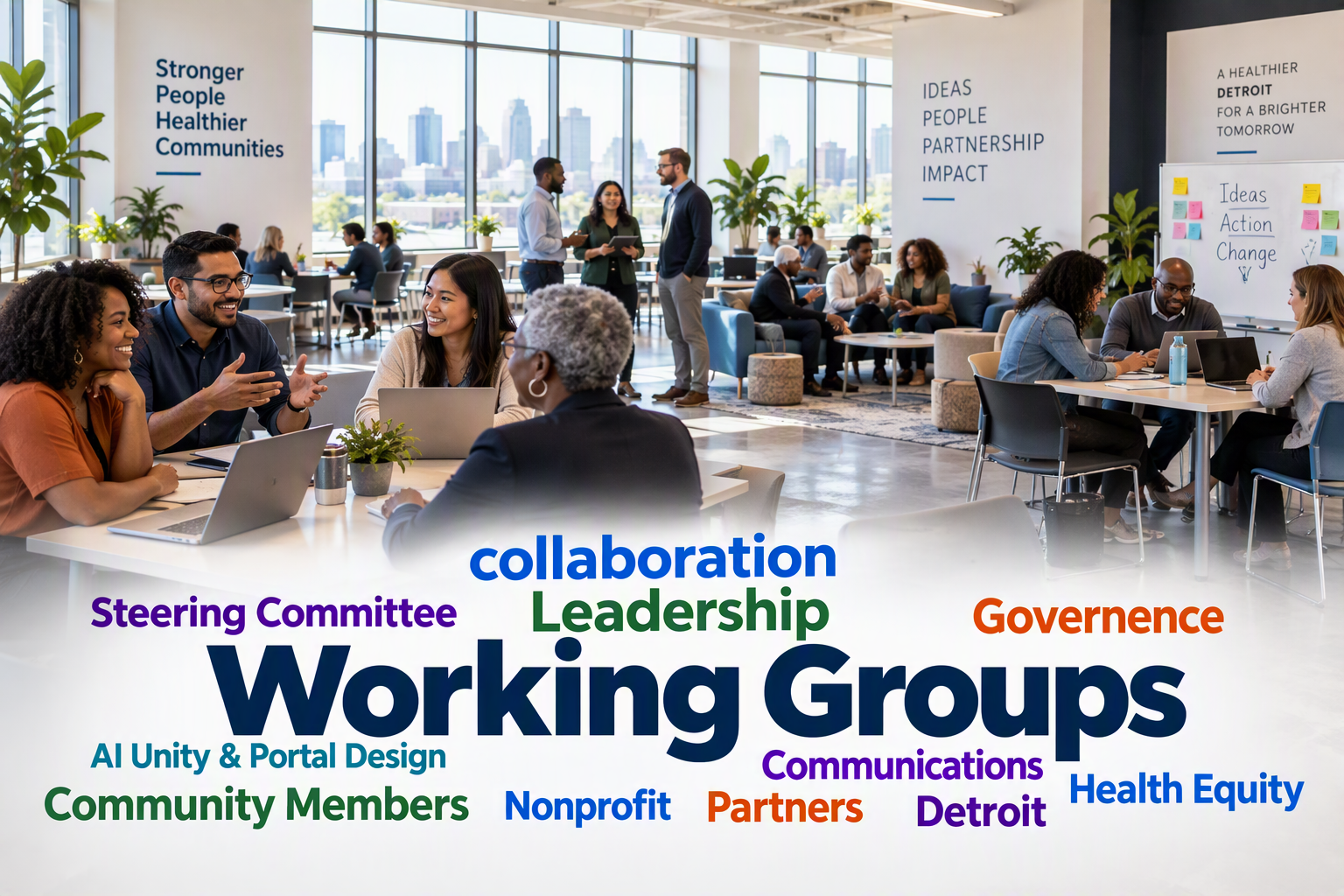 large open office with a diverse group of people working on various projects