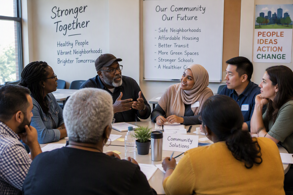 diverse group of adults in a community meeting